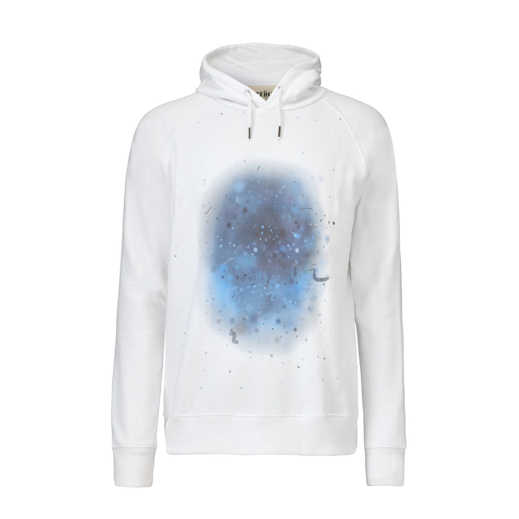 White sweatshirts with blue, artistic design in the centre of the hoodie. Wearable art, unisex hoodie for him and her.