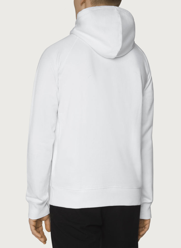 Male model wearing white sweatshirt. Wearable art, unisex hoodie for him and her. Back view.