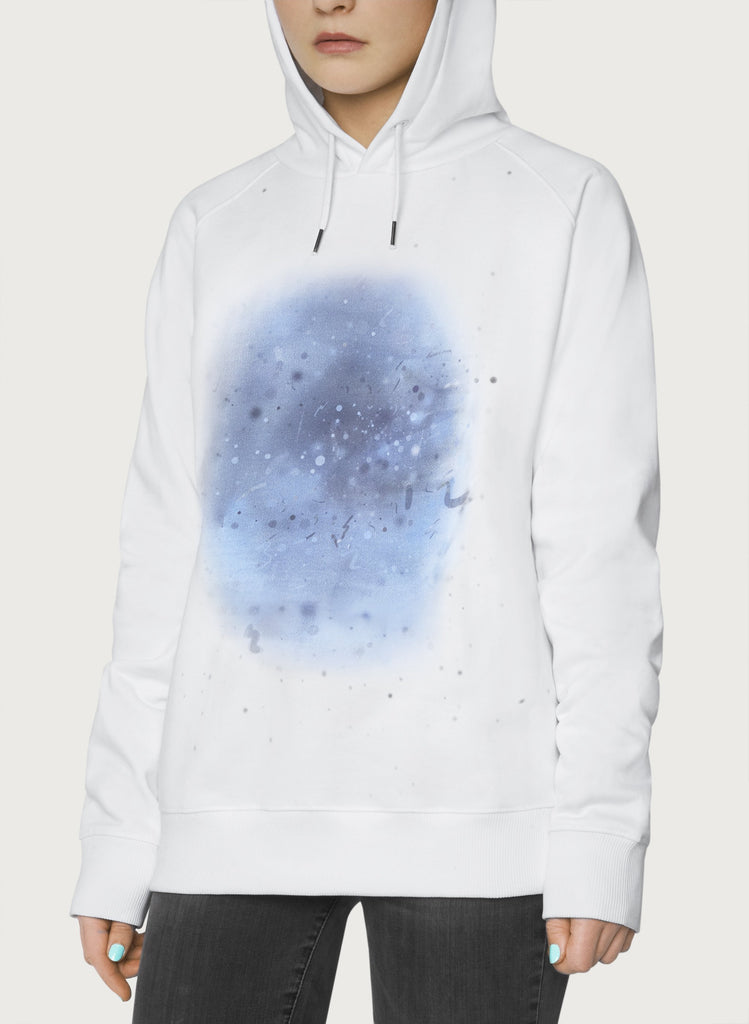 Female model wearing white sweatshirts with blue, artistic design. Wearable art, unisex hoodie for him and her. Front picture.