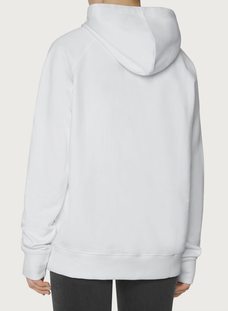 Female model wearing white sweatshirt. Wearable art, unisex hoodie for him and her. Back picture.